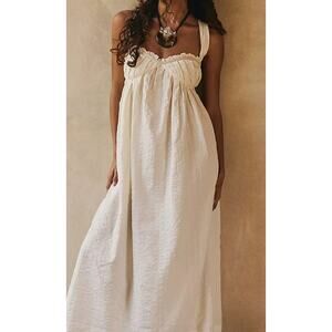 Free People Poppy Cotton Seersucker Babydoll Maxi Dress Ivory Size Medium NWT